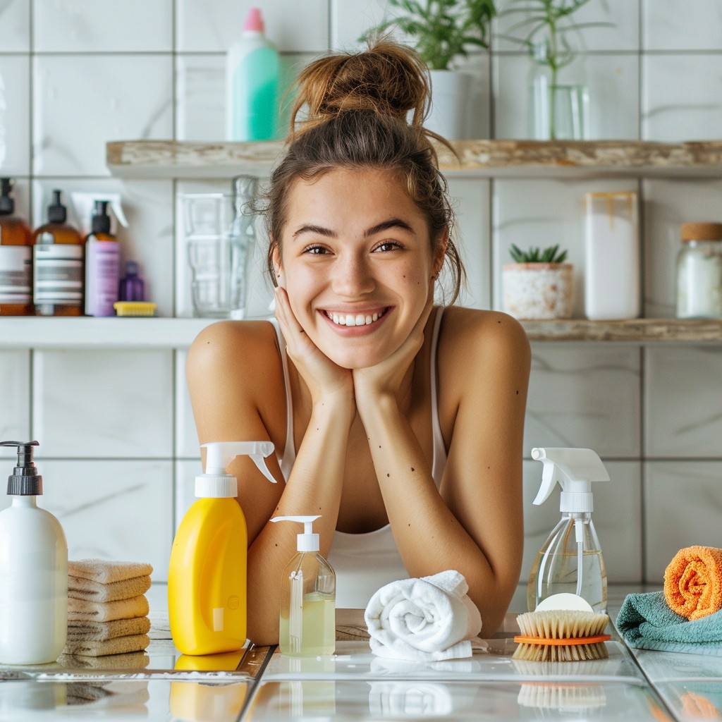 woman smiling with natural household cleaners