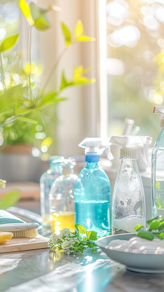 all natural household cleaners in bottles on a counter