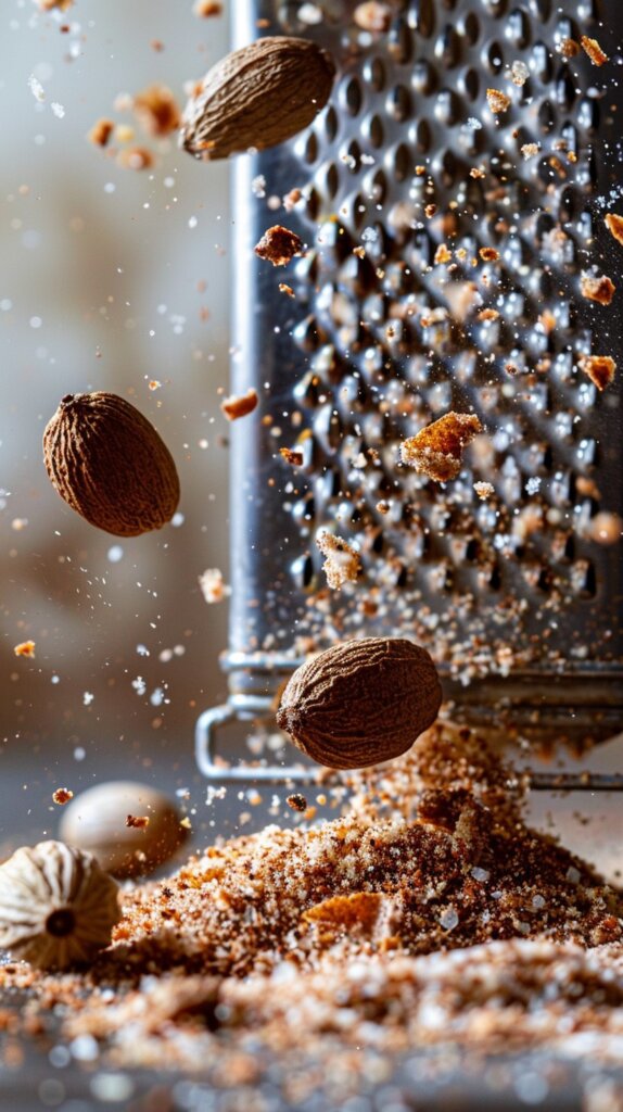 whole nutmeg being grated on a metal grater