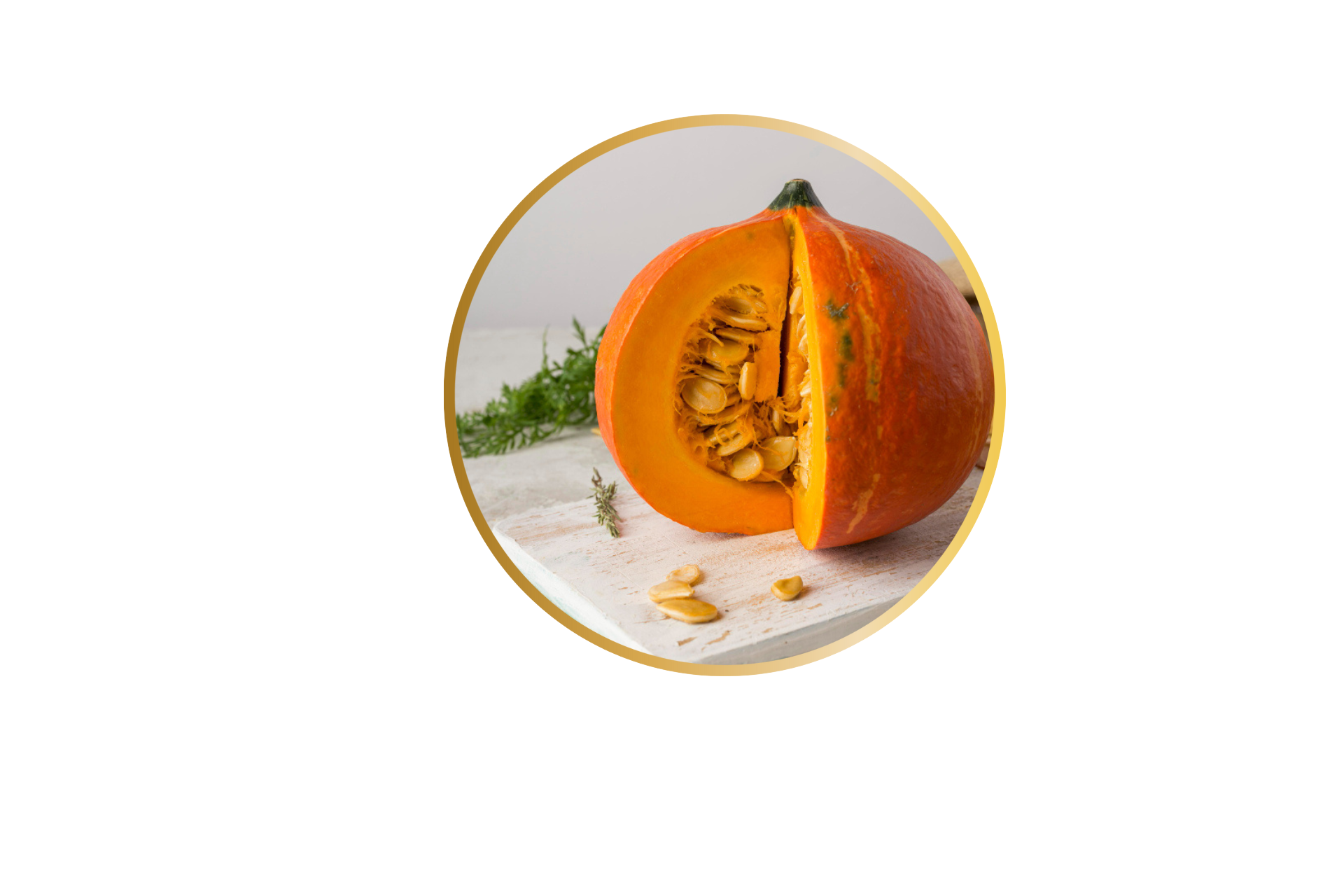 an orange pumpkin sliced open to see the flesh and seeds