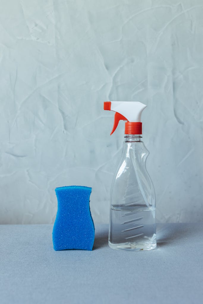 Cleaning Supplies with Spray Bottle and Sponge