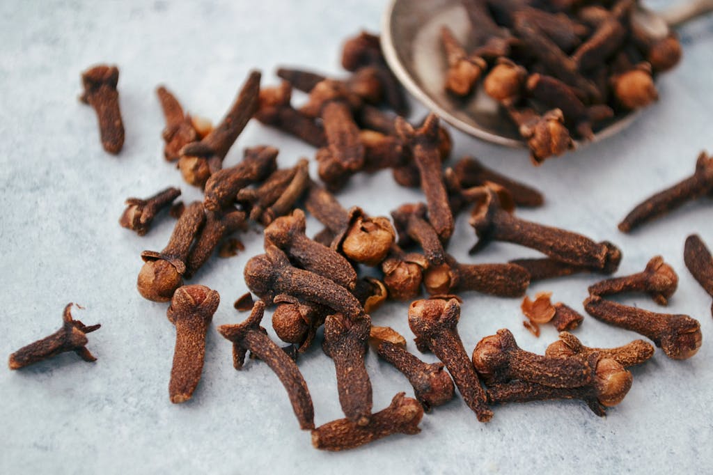 Close-up of Cloves Scattered on Gray Surface