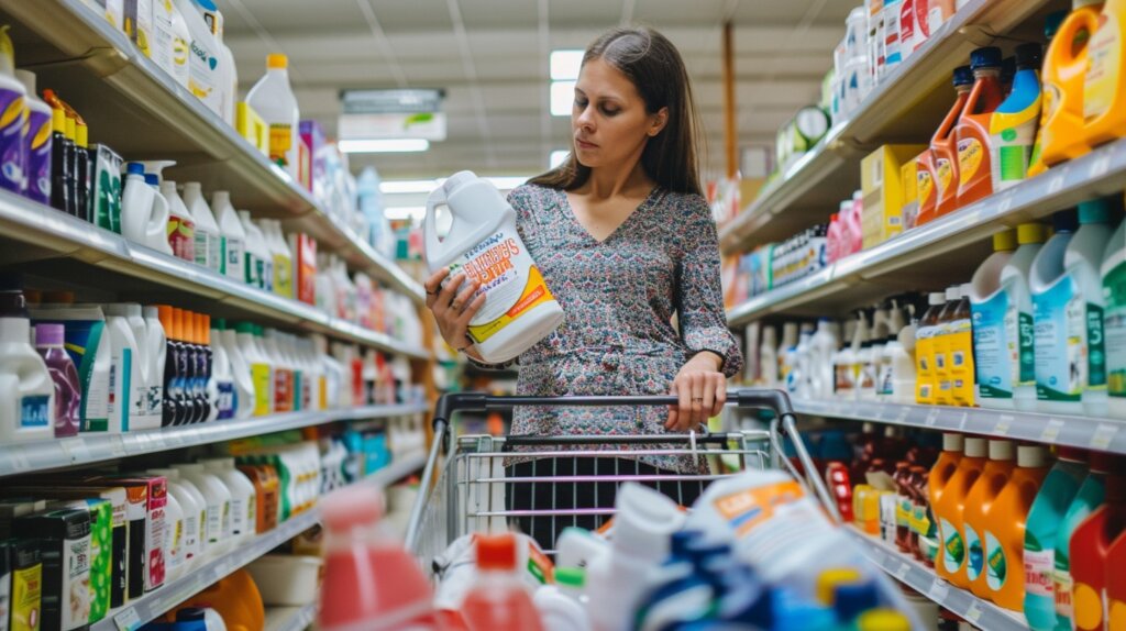 woman pushing a shopping cart in a store and reading the label of a bottle of detergent