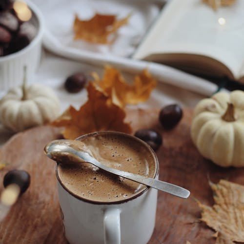 Cup of Hot Pumpkin Chocolate Drink on Wooden Board