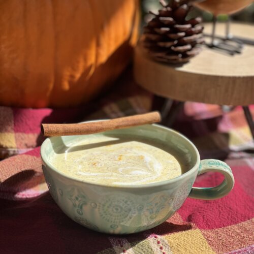 pumpkin golden milk with cinnamon stick in coffee cup