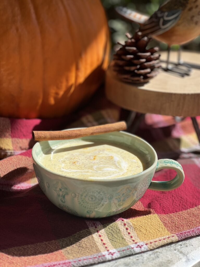 pumpkin golden milk with cinnamon stick in coffee cup